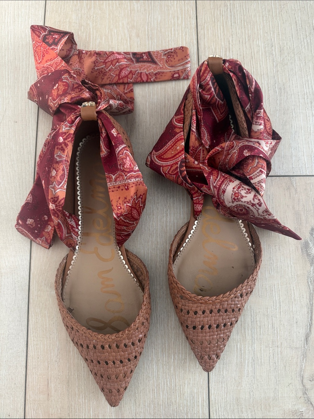 Sam Edelman Woven Pointed-Toe Flats with Red Paisley Ankle Wrap